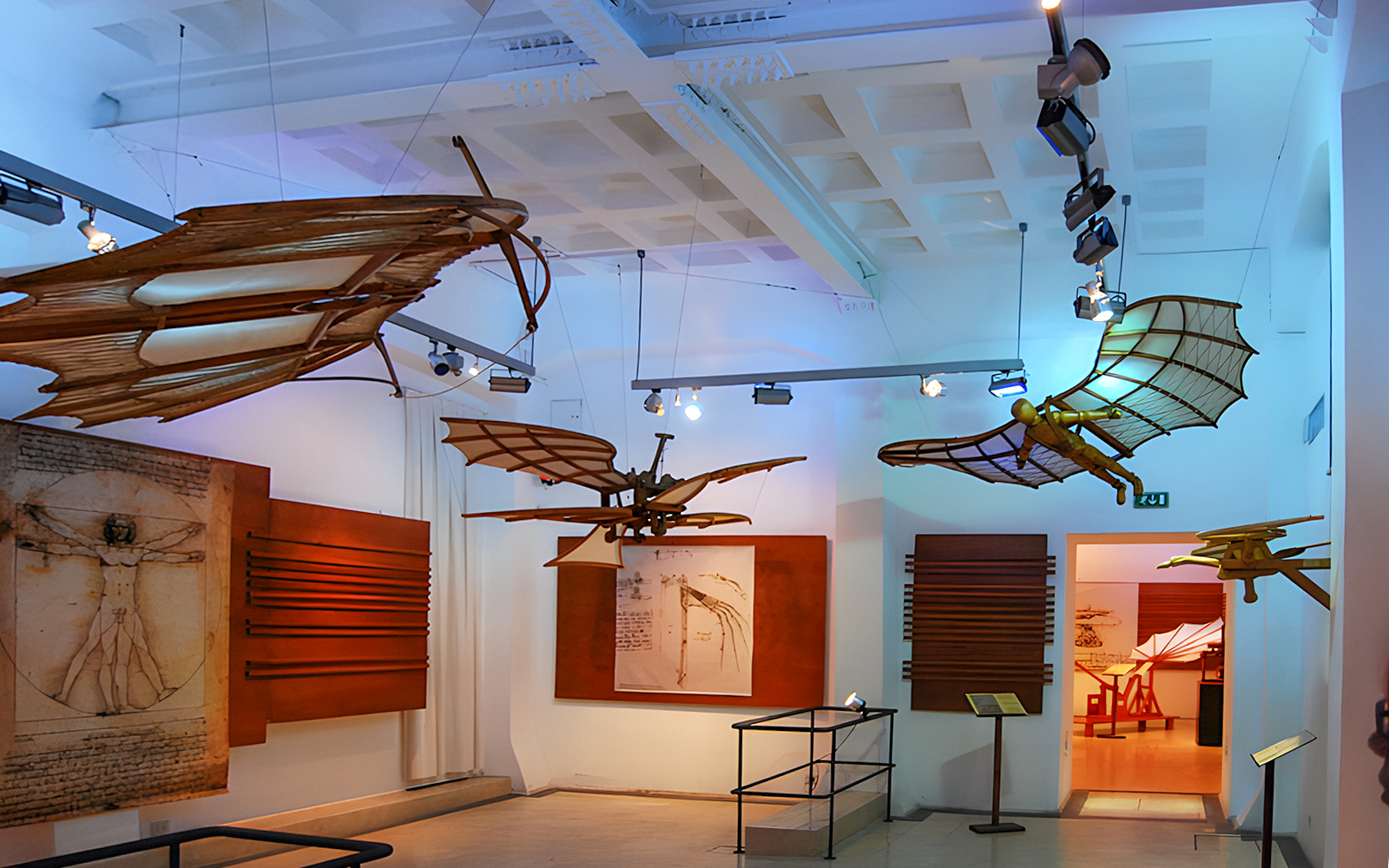 Flying machine models at Leonardo da Vinci Museum exhibit.