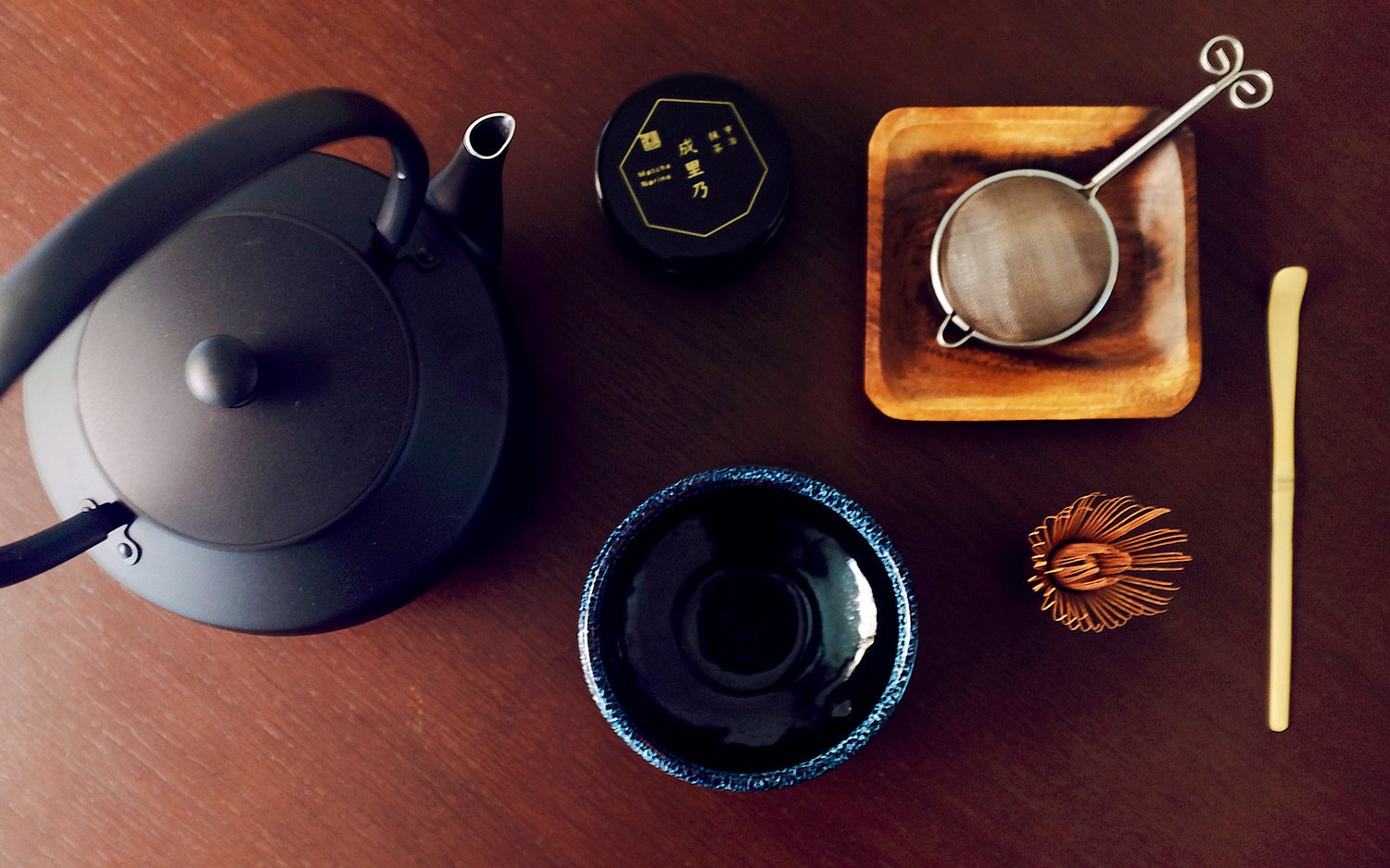 Japanese tea set with teapot, matcha bowl, whisk, and strainer for Tokyo Matcha & Kimono Experience.