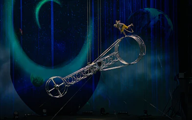 Performer balancing on a rotating wheel at La Perle show, Dubai.