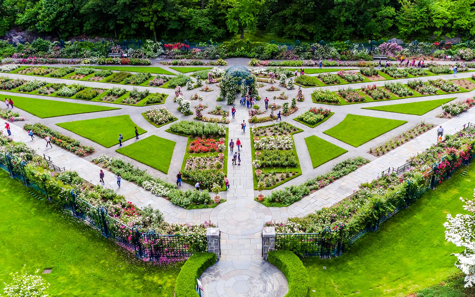 Visitors walking through pathways at New York Botanical Gardens, surrounded by vibrant flower beds.