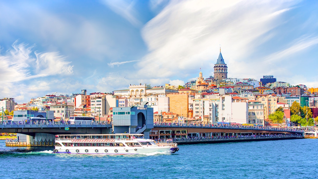 Galata Bridge view with Galata Tower in the background, Karakoy district, Istanbul.