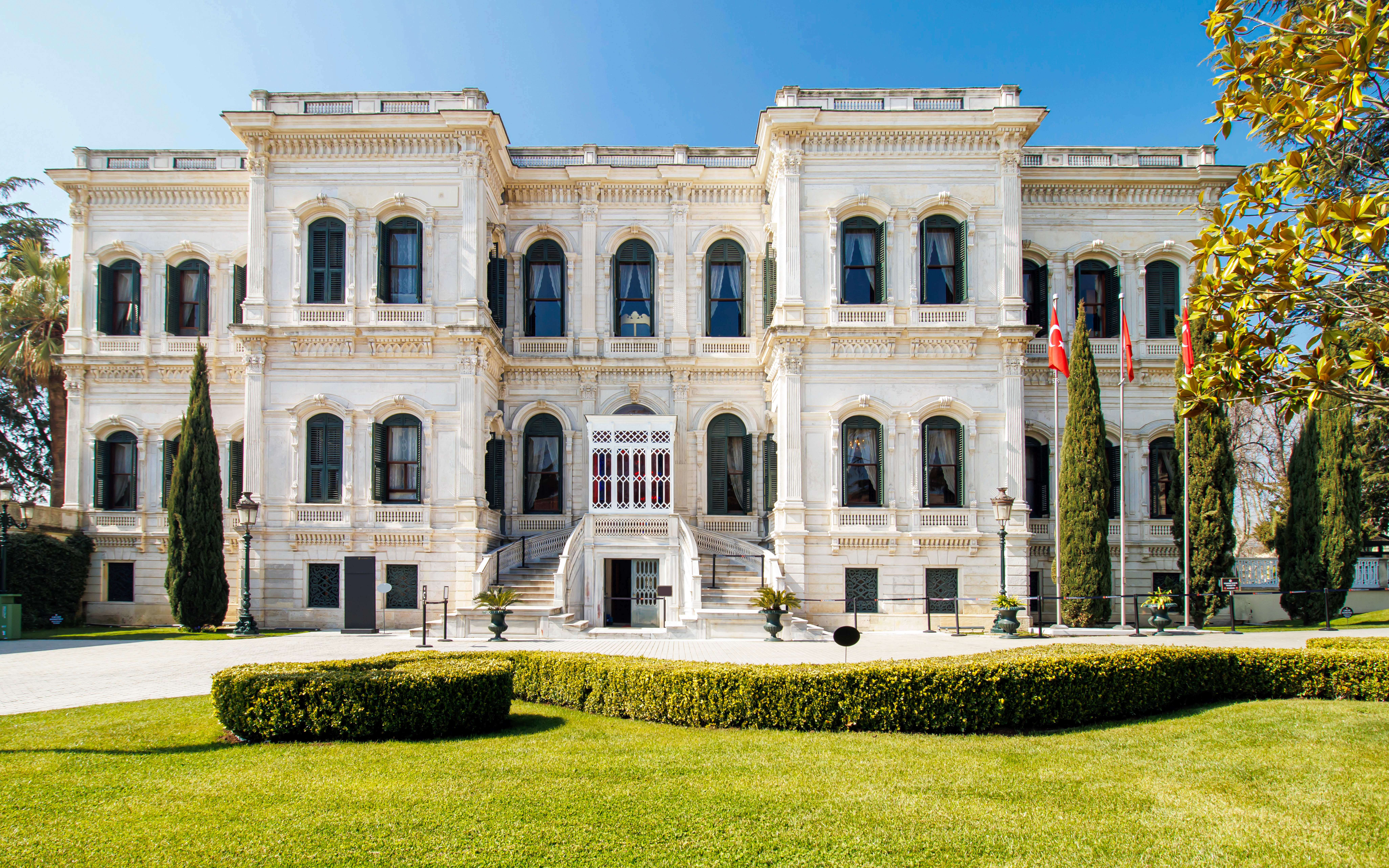 Mabeyn Pavilion at Yildiz Palace, Istanbul, Turkey, with ornate facade and surrounding greenery.