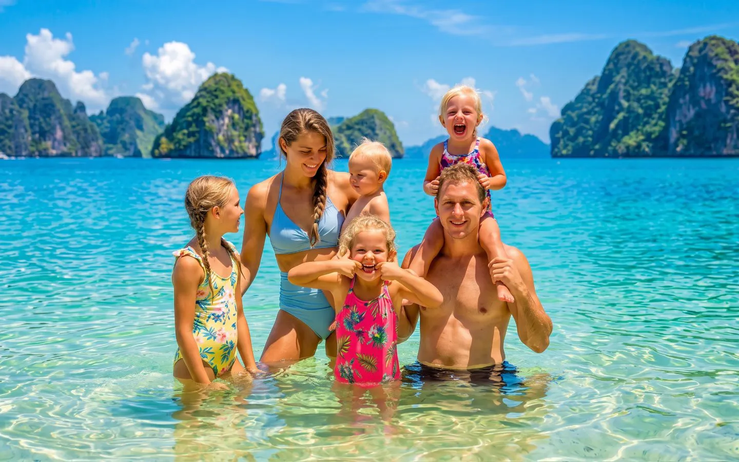 Family enjoying the clear waters of Phi Phi Islands with limestone cliffs in the background.