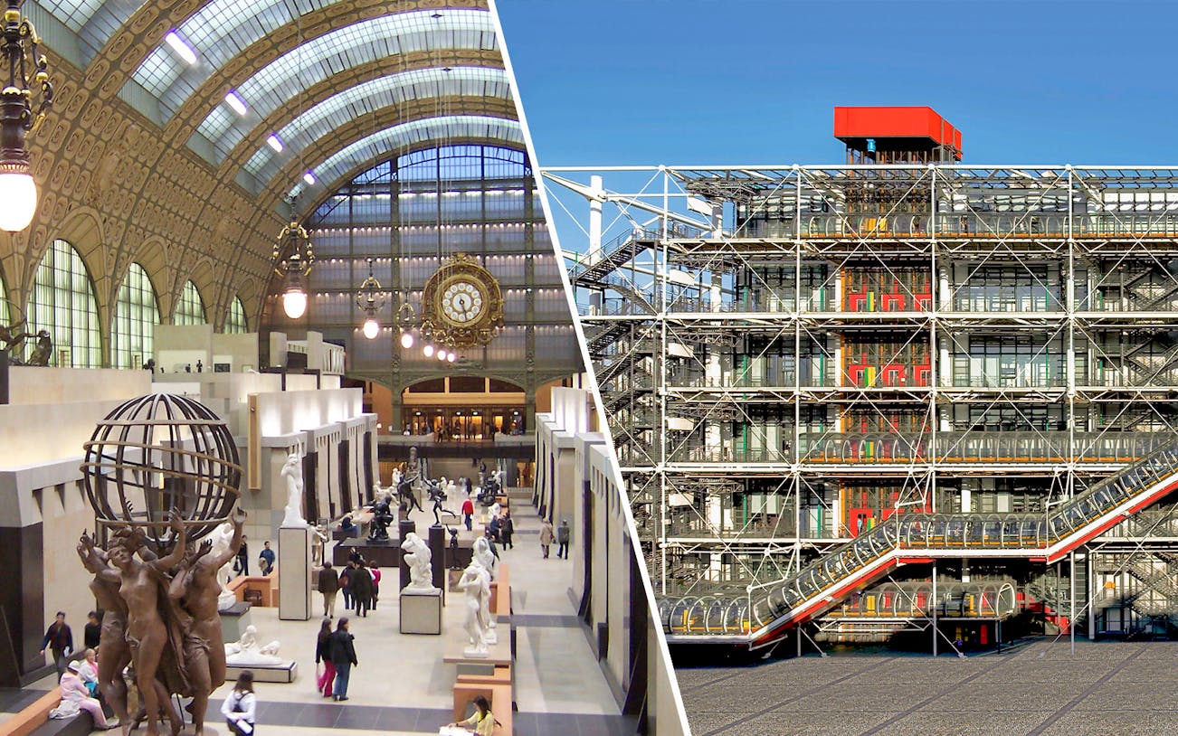 Interior of Orsay Museum and exterior of Centre Pompidou in Paris.