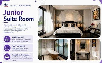 Junior suite room with sea-view balcony and bathtub on Ha Long & Lan Ha Bay luxury cruise.