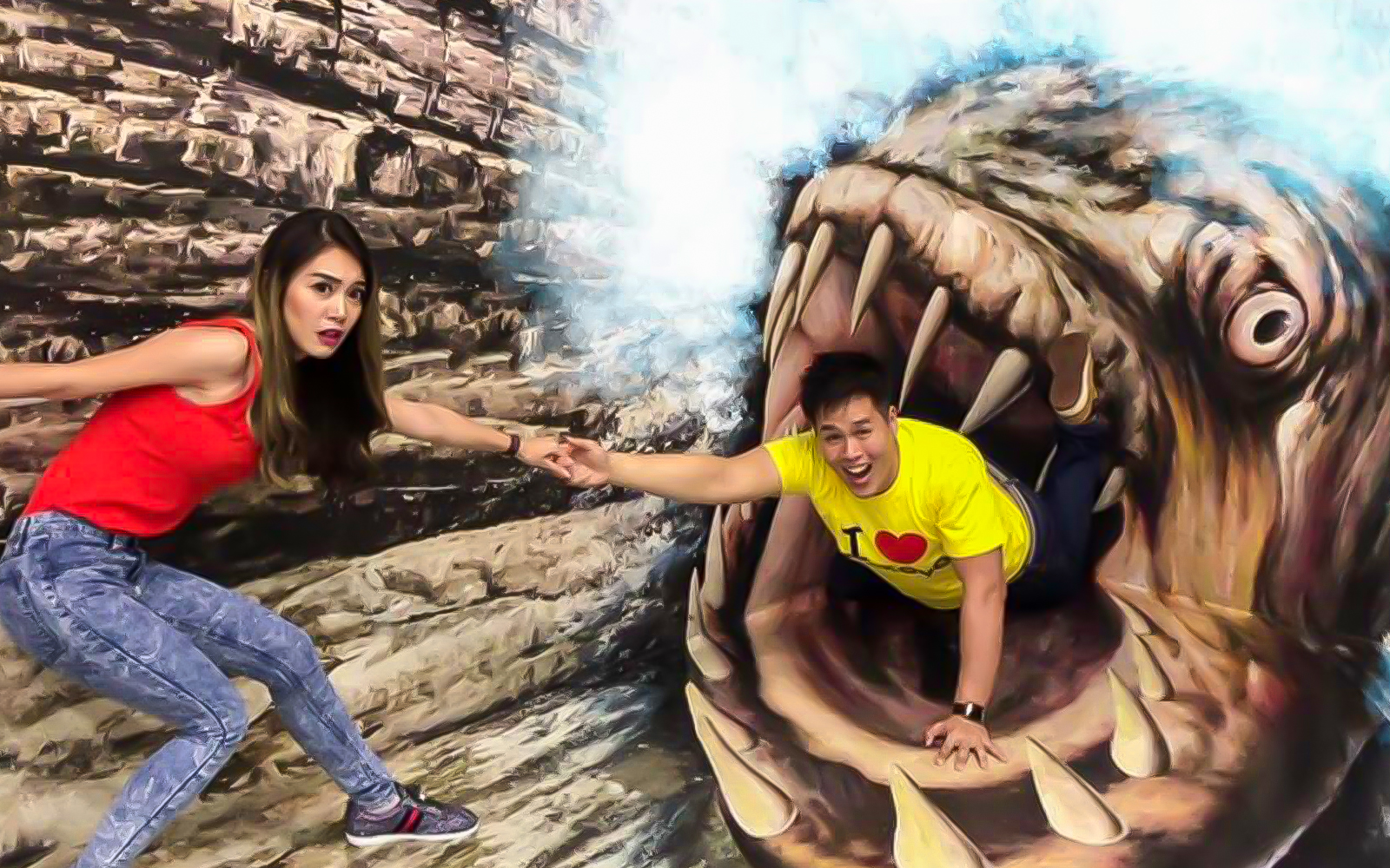 Visitors interacting with 3D art at TrickEye Museum, Sentosa Island.