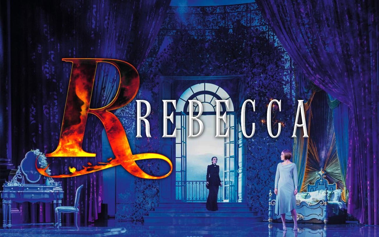 Stage scene from Rebecca - The Musical with two characters in a lavish room.