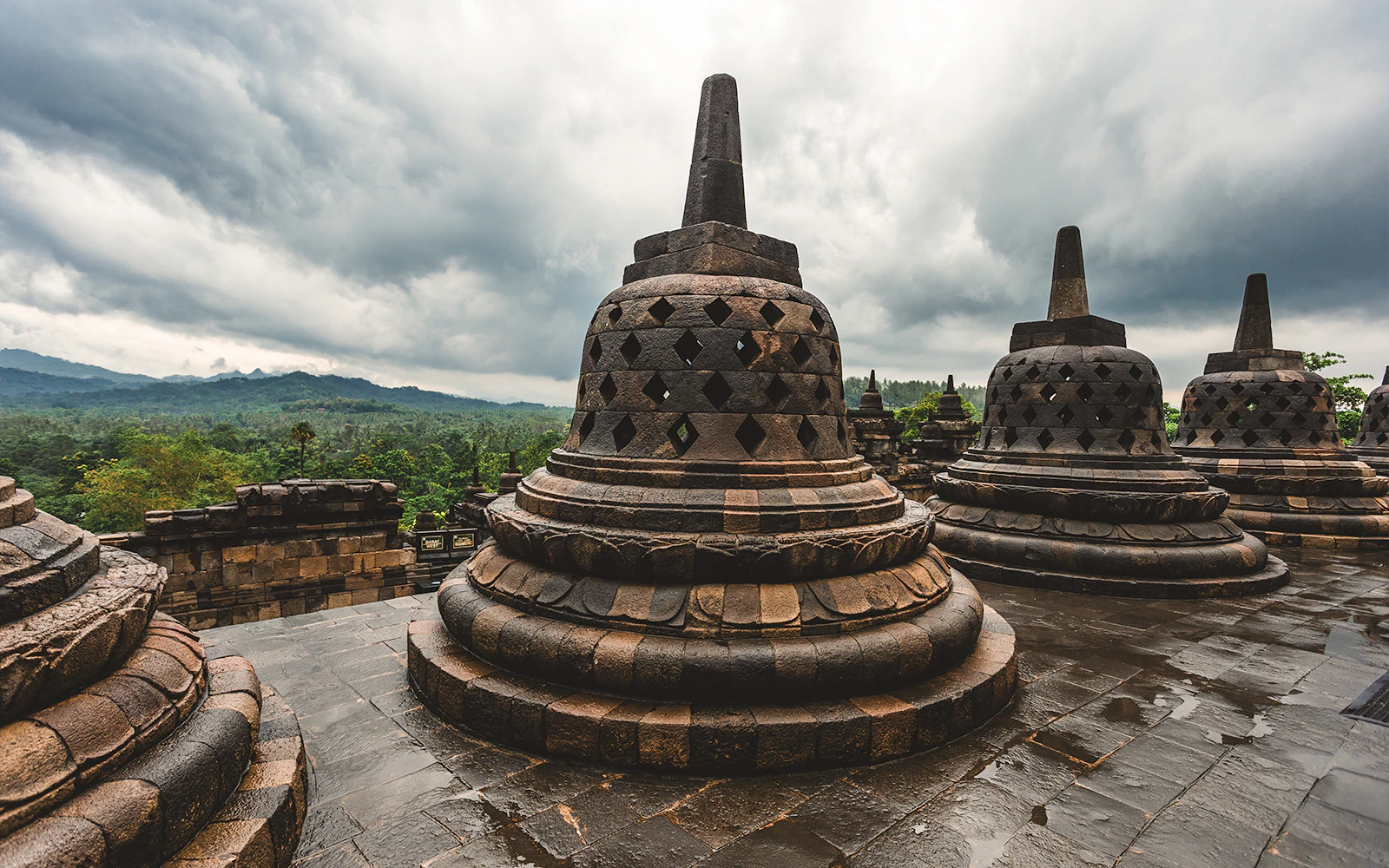 Borobudur temple stupas with lush landscape in Yogyakarta, Indonesia.