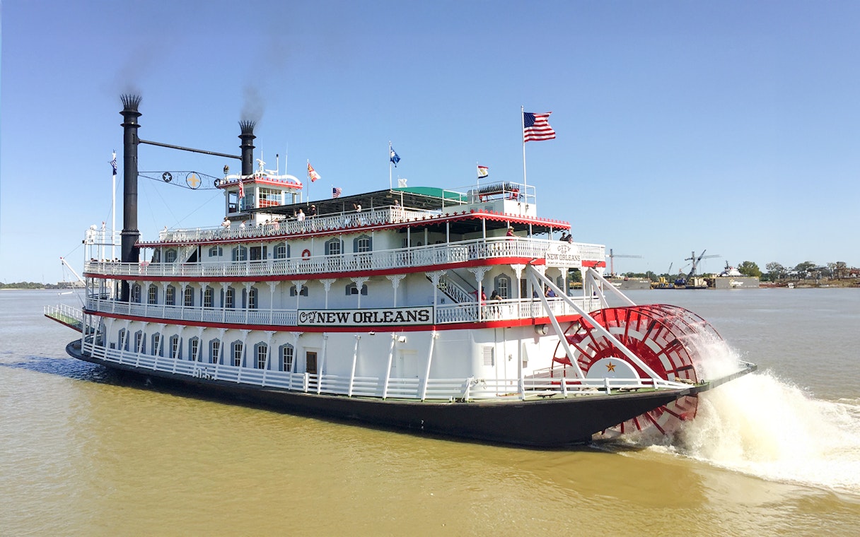 Riverboat CITY of NEW ORLEANS cruising on the Mississippi River in New Orleans.