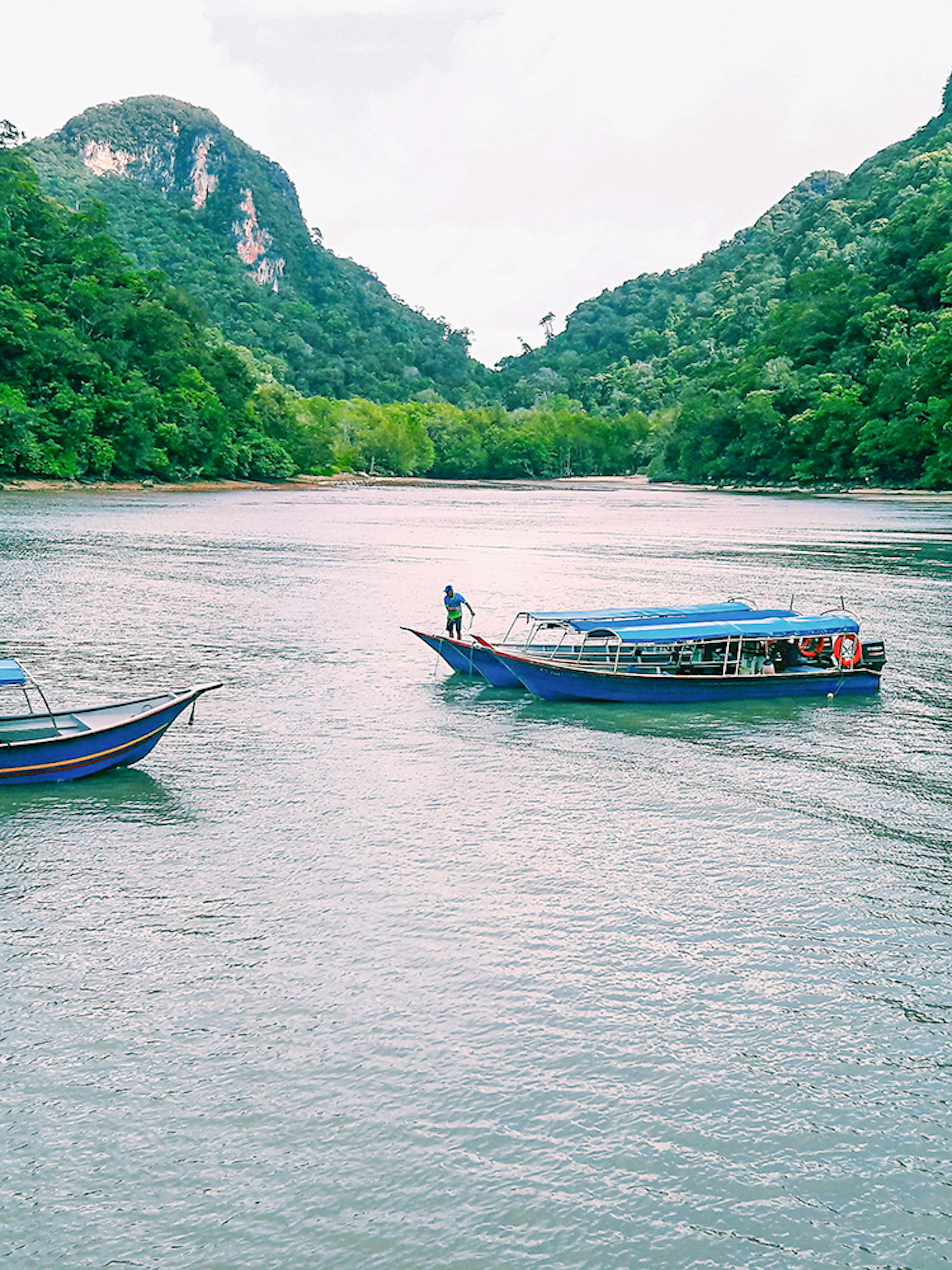 Speedboats on Langkawi mangrove tour with lush green hills in the background.