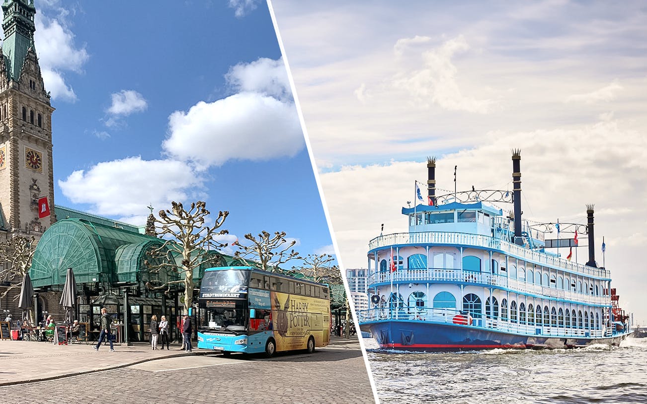 Hop-on hop-off bus near Hamburg Rathaus and harbor cruise boat on Elbe River.
