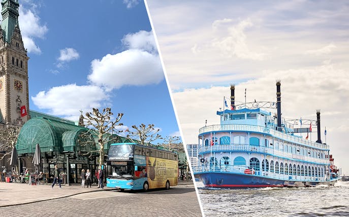 Hop-on hop-off bus near Hamburg Rathaus and harbor cruise boat on Elbe River.