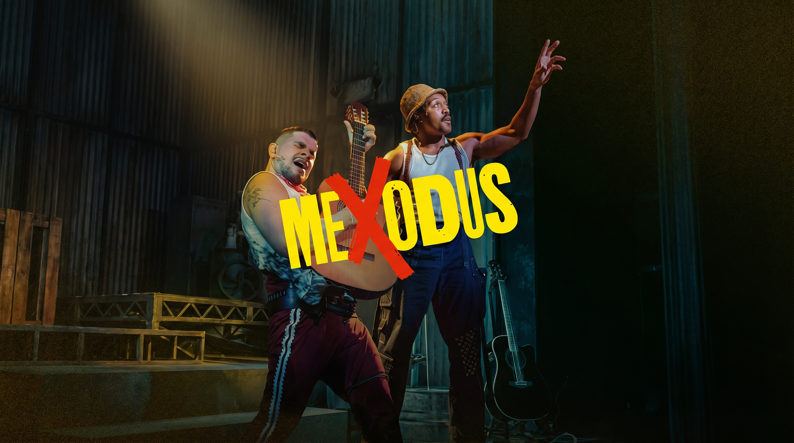 Performers on stage during Mexodus the Musical in New York, one holding a guitar.