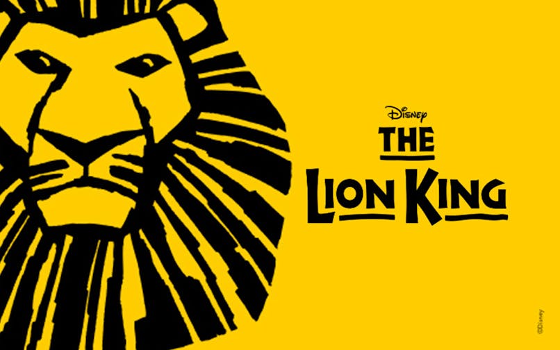 Lion face illustration with "The Lion King" text on yellow background.