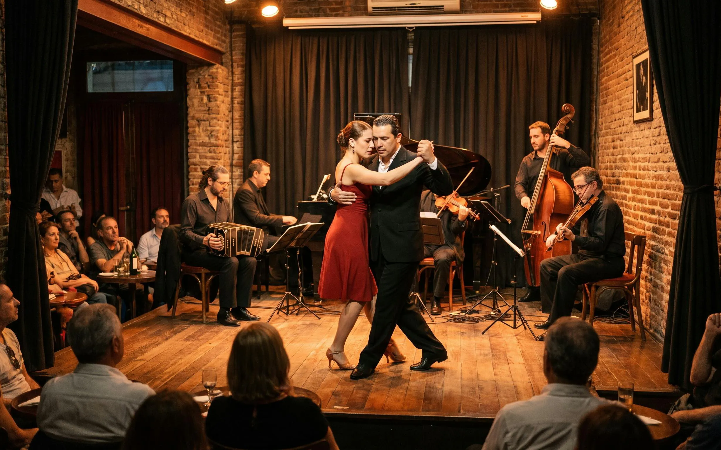 Tango dancers performing at Aljibe Tango Show in Buenos Aires with live musicians.