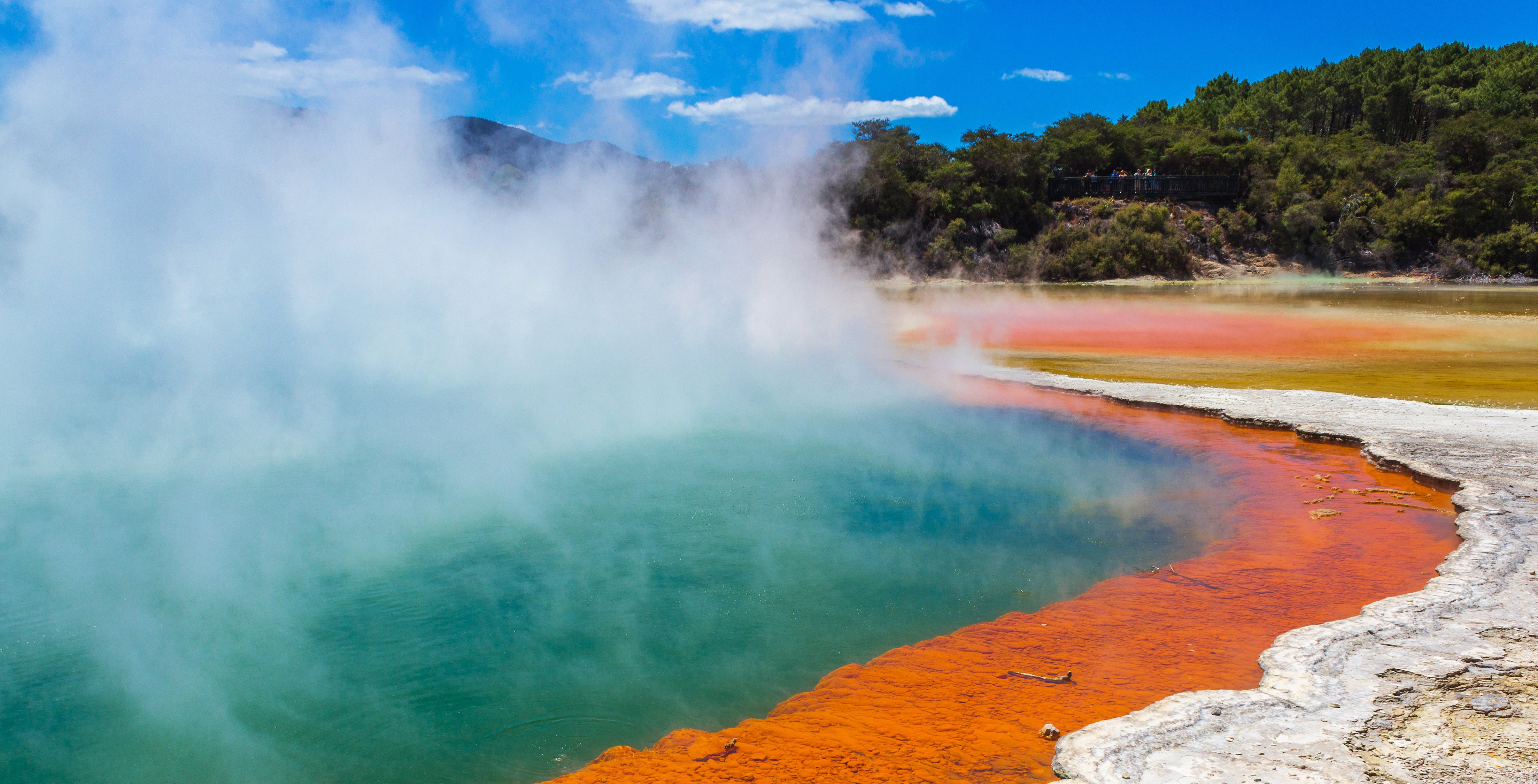 Champagne Pool with vibrant colors and steam at Waiotapu Thermal Wonderland, Rotorua, New Zealand.