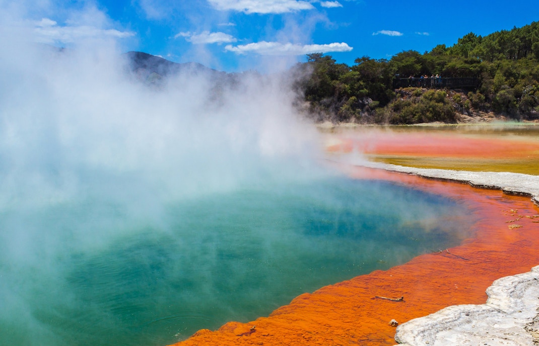 Champagne Pool with vibrant colors and steam at Waiotapu Thermal Wonderland, Rotorua, New Zealand.
