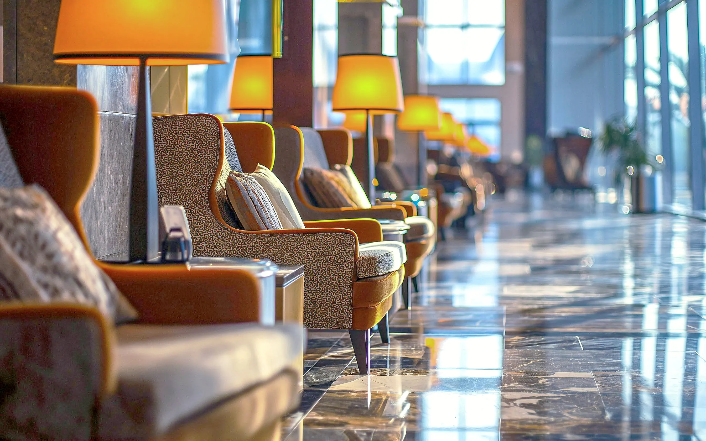 Luxurious airport lounge with plush seating and warm lighting.