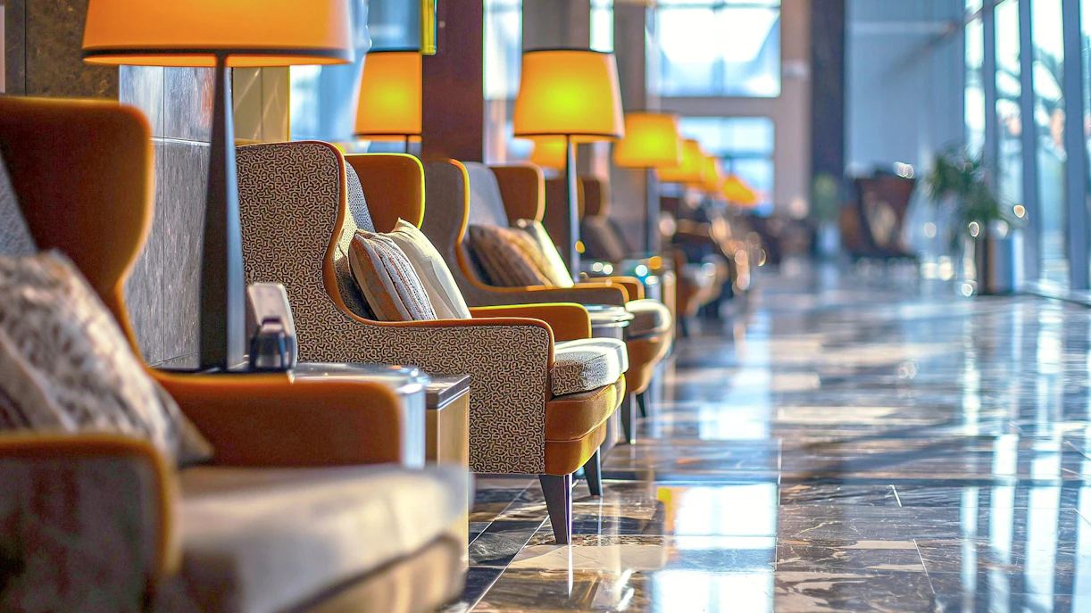 Luxurious airport lounge with plush seating and warm lighting.