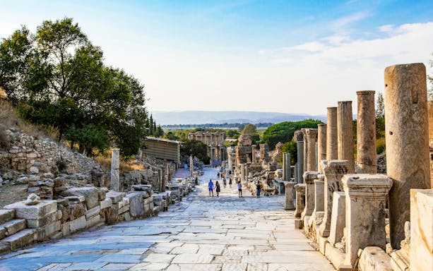 Ancient street with columns at Ephesus Archaeological Museum, Izmir, Turkey.
