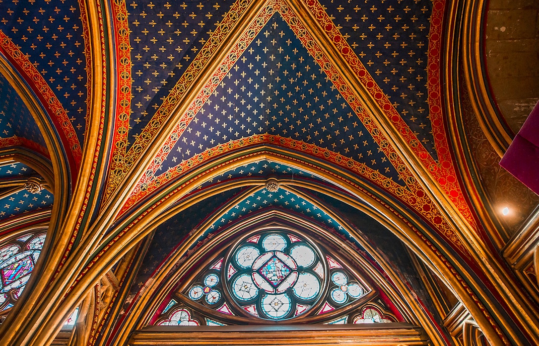 Scenes from Apolcaypse and Revelation in flamboyant gothic style, Rose Window, Saint Chapelle.