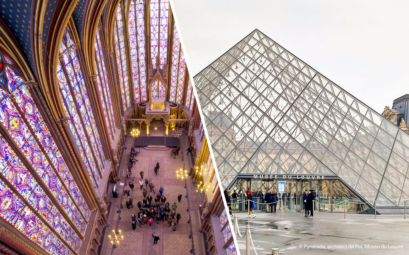 Sainte Chapelle stained glass interior and Louvre Pyramid entrance in Paris.