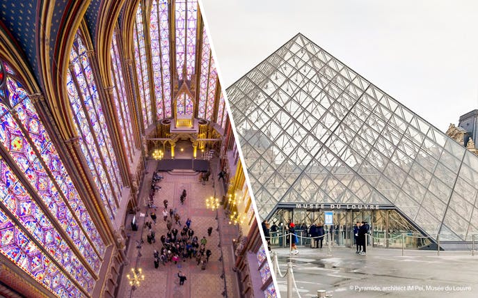 Sainte Chapelle stained glass interior and Louvre Pyramid entrance in Paris.