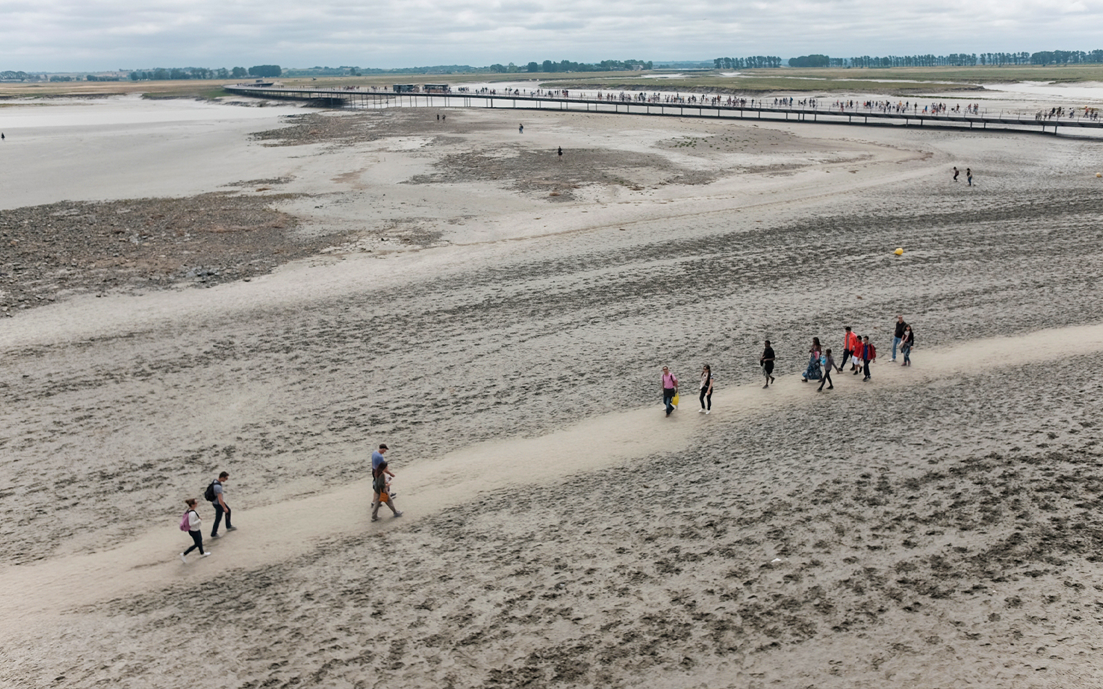 View of people walking around the Mont Saint-Michel bay