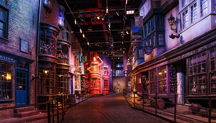 Diagon Alley set during Harry Potter London tour, featuring shopfronts and cobblestone path.