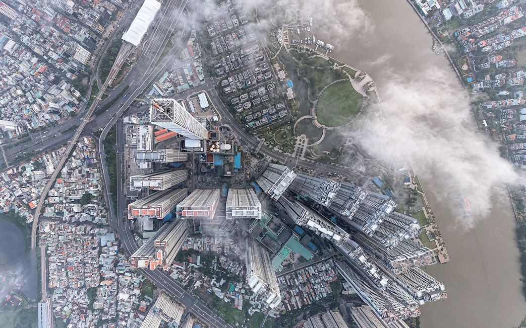Aerial view of Landmark 81 and surrounding buildings in Ho Chi Minh City, Vietnam.
