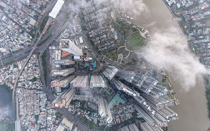 Aerial view of Landmark 81 and surrounding buildings in Ho Chi Minh City, Vietnam.