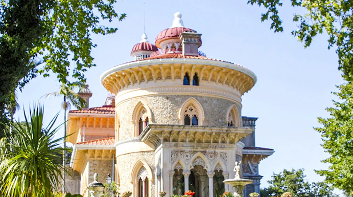 Monserrate Palace with lush gardens in Sintra, Portugal.
