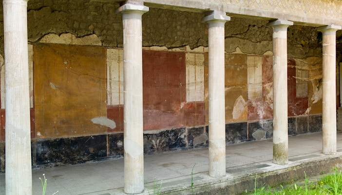 House of Meander Pompeii ancient ruins with intricate mosaic floor and stone columns.