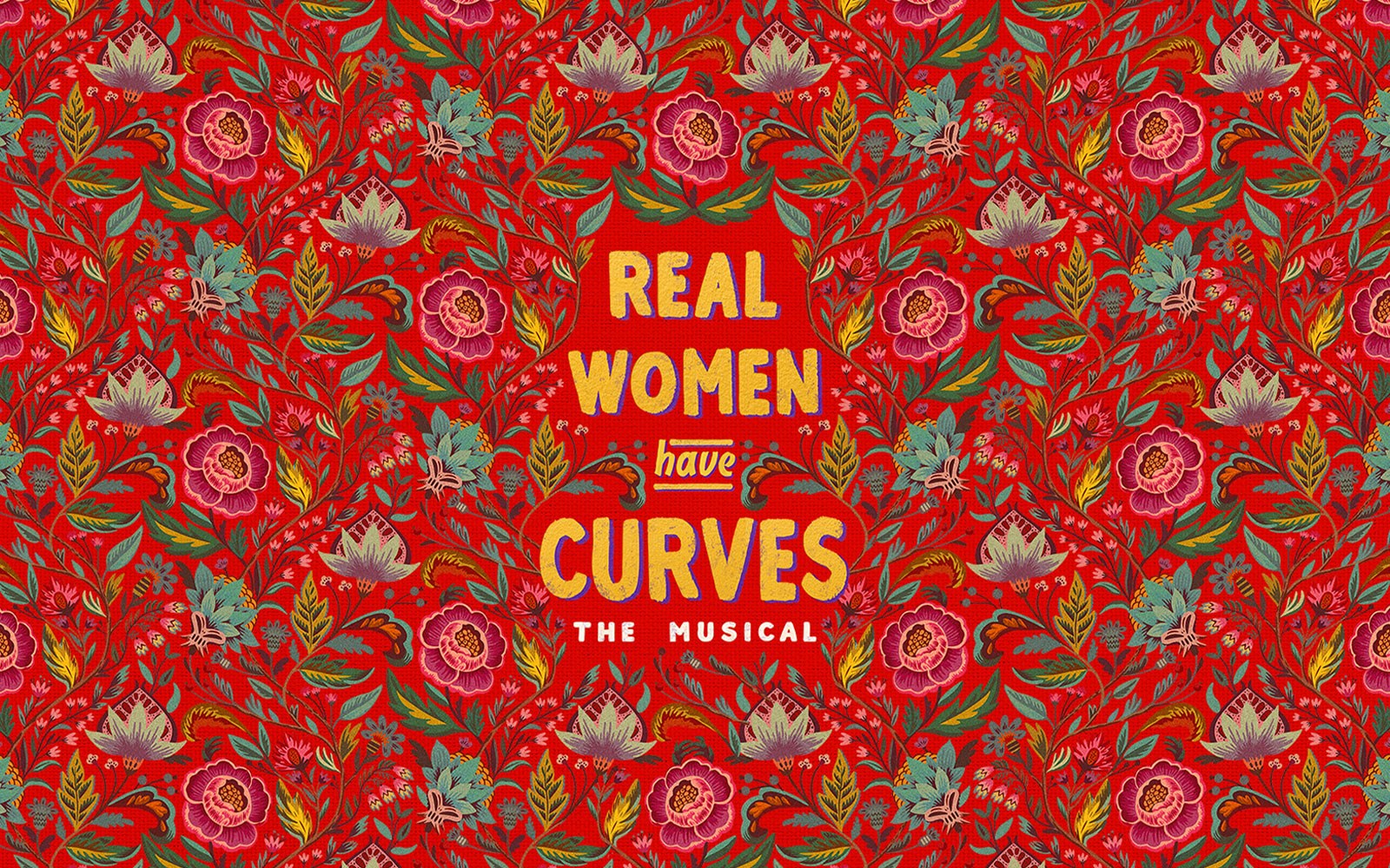Real Women Have Curves: The Musical title on floral red background.