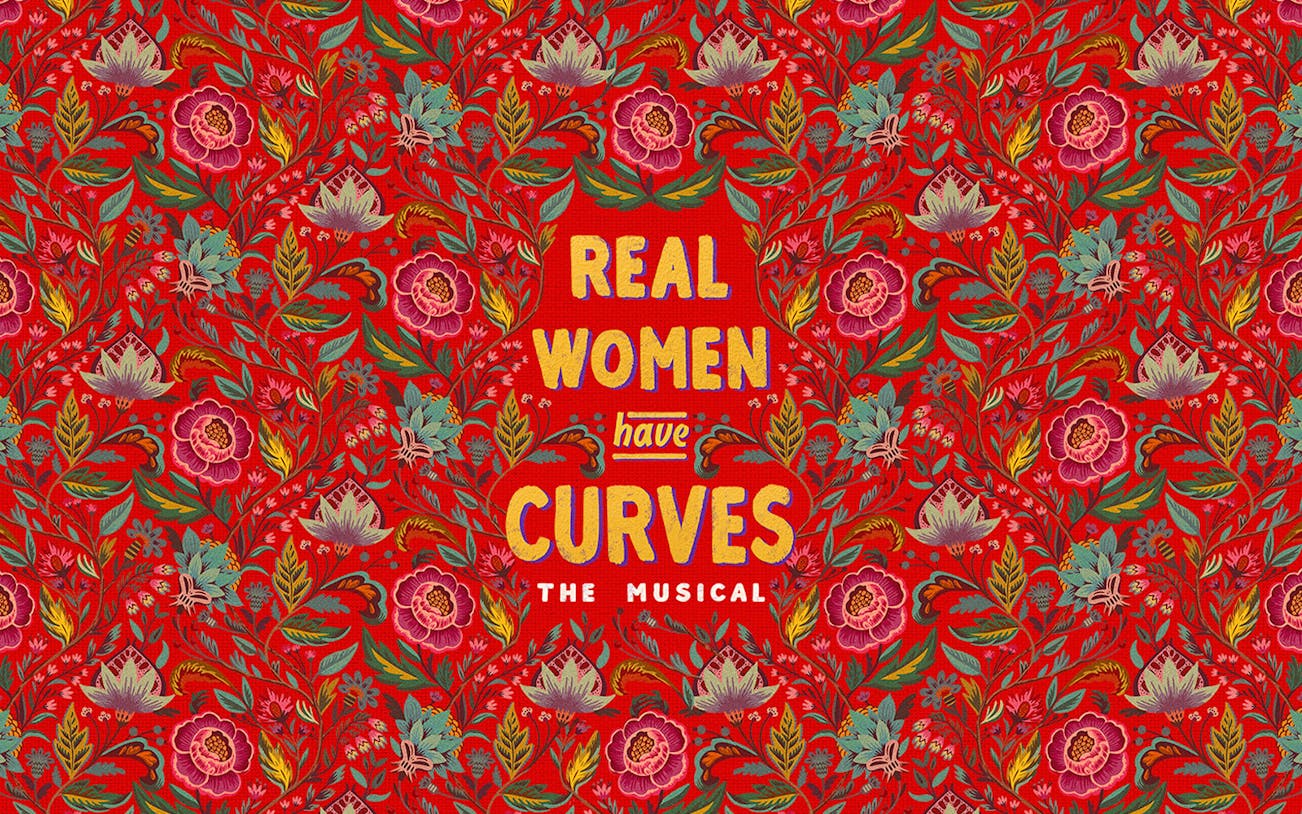 Real Women Have Curves: The Musical title on floral red background.