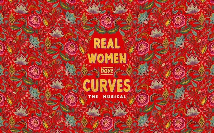 Real Women Have Curves: The Musical title on floral red background.