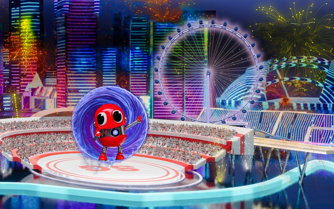 Red robot character in front of Singapore Flyer with city skyline and fireworks.