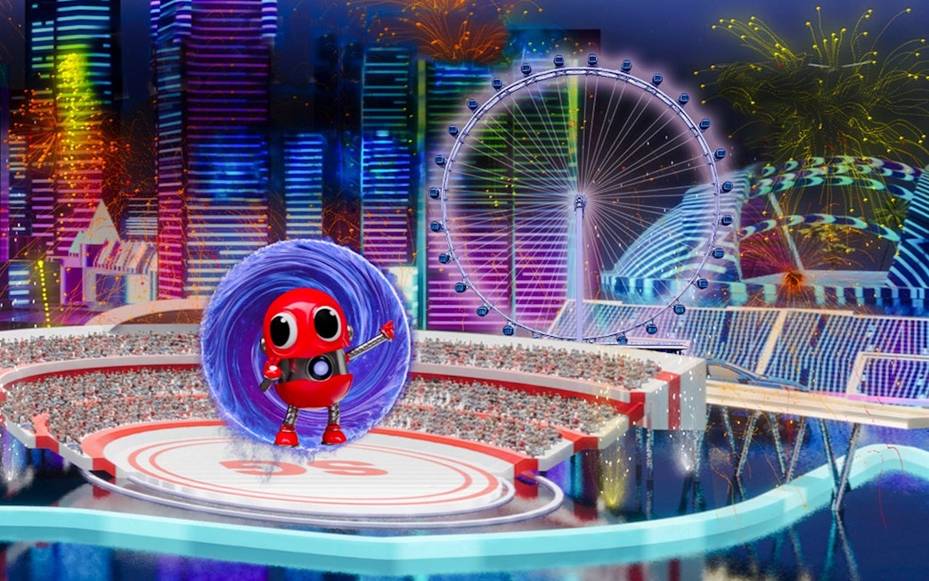 Red robot character in front of Singapore Flyer with city skyline and fireworks.