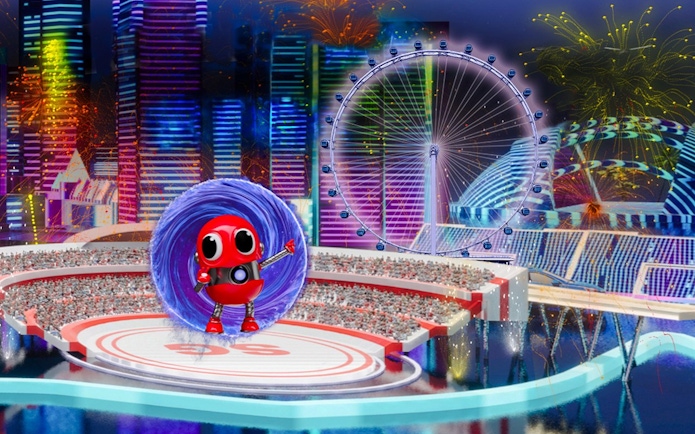 Red robot character in front of Singapore Flyer with city skyline and fireworks.