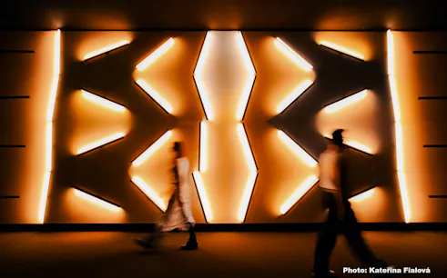Illuminated abstract wall installation at Signal Space Gallery, Prague.