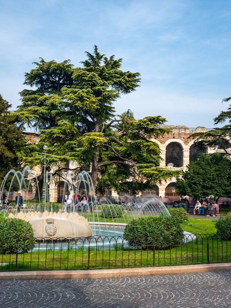 Verona Arena with fountain and trees in foreground, Italy.