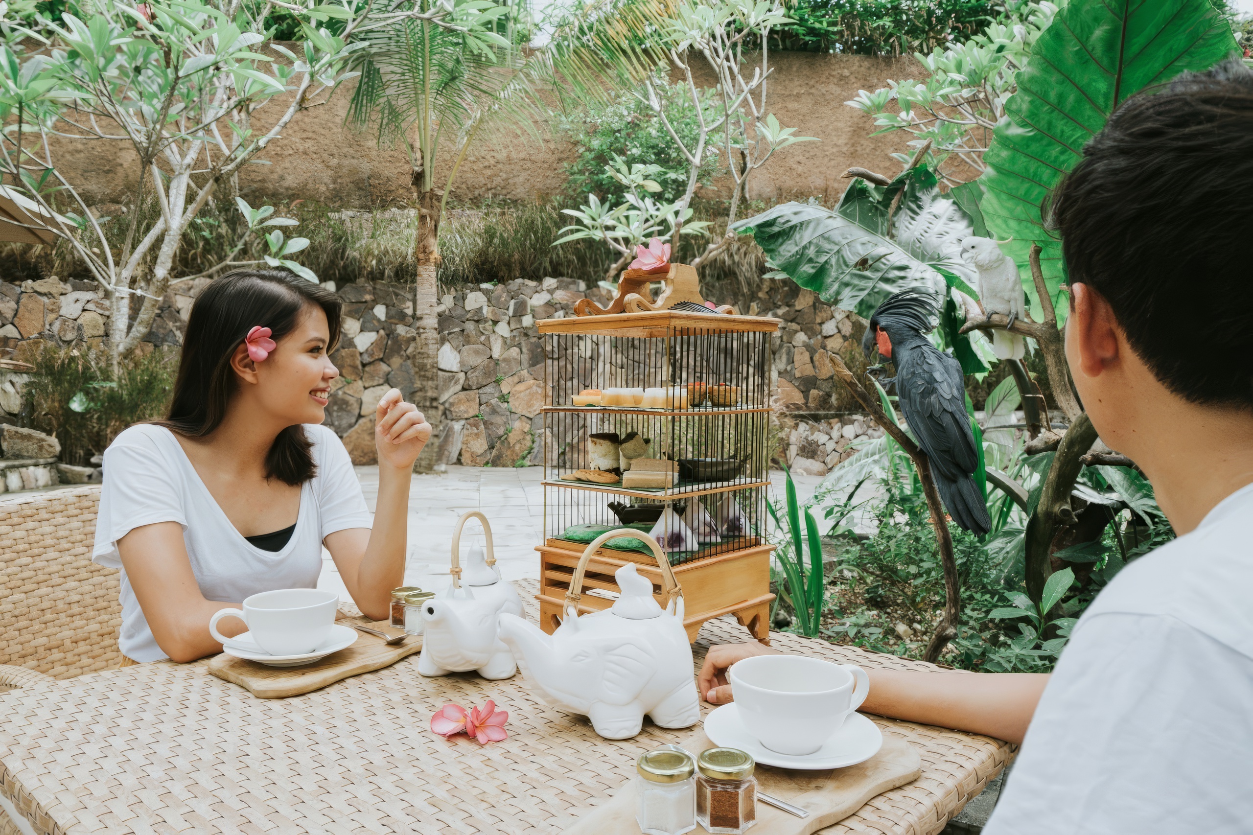 Lunch setting at Lombok Wildlife Park with bird interaction.
