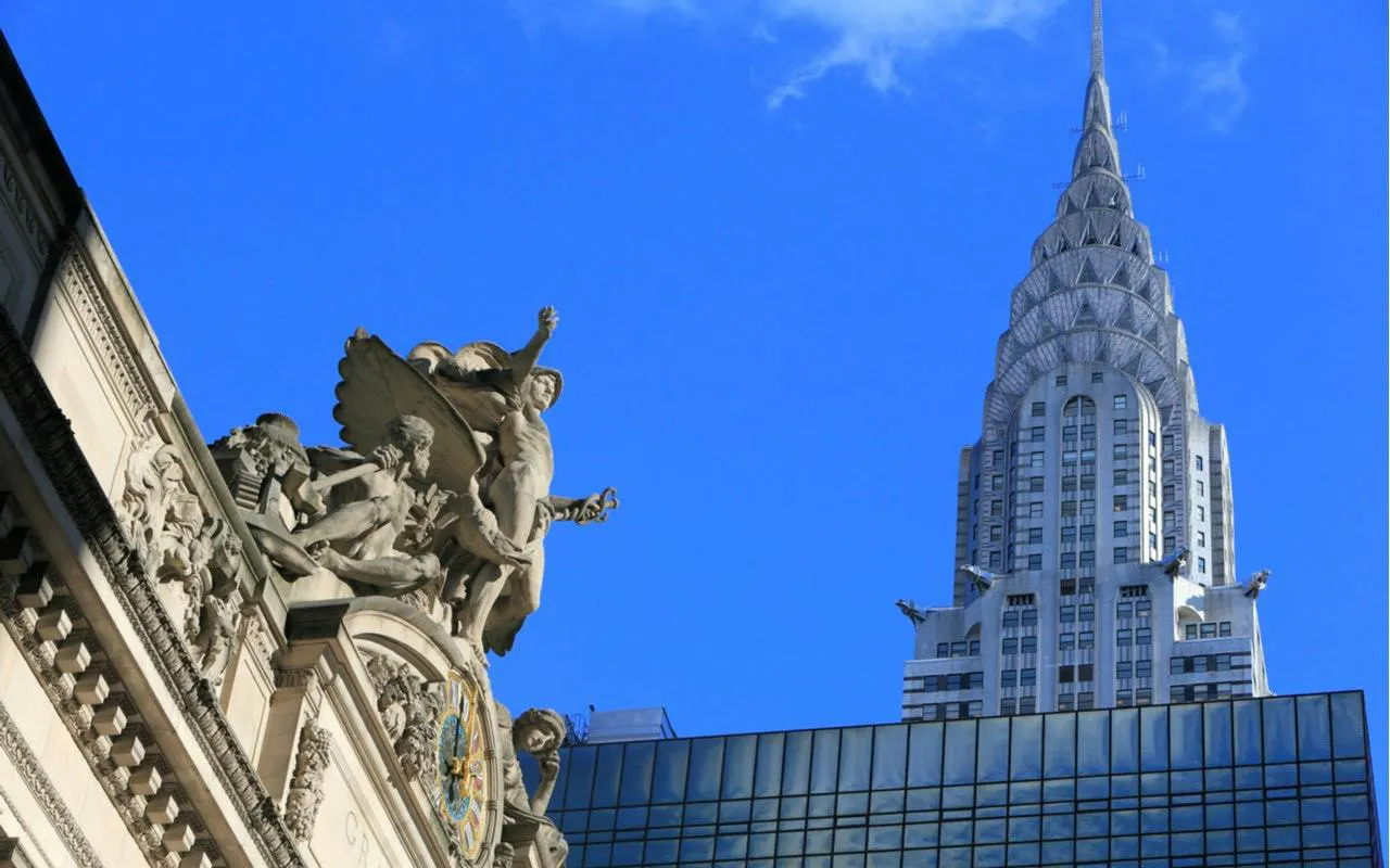 Grand Central Terminal sculptures with Chrysler Building in New York City.