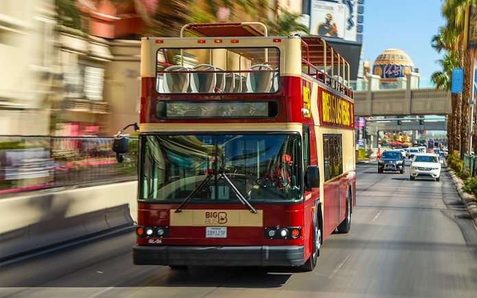 Las Vegas double-decker bus on a city street during a hop-on hop-off tour.