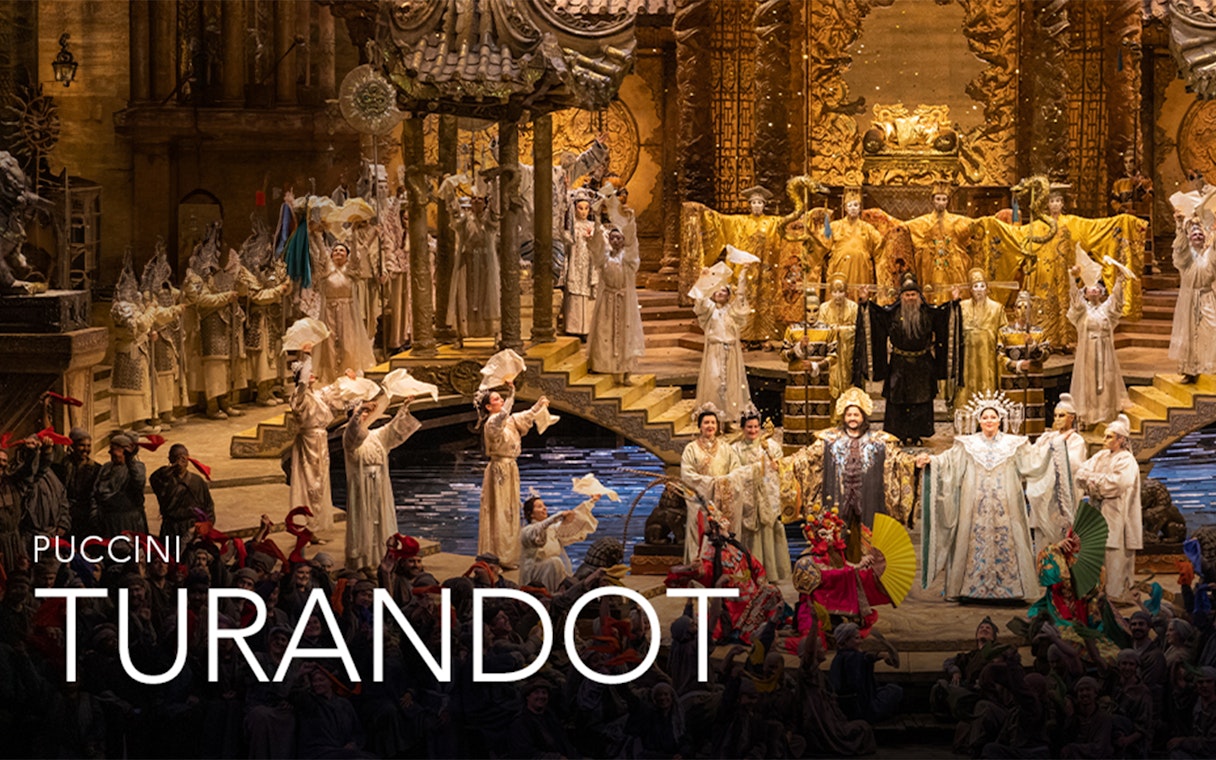 Opera performance of Puccini's Turandot with elaborate costumes and set design.