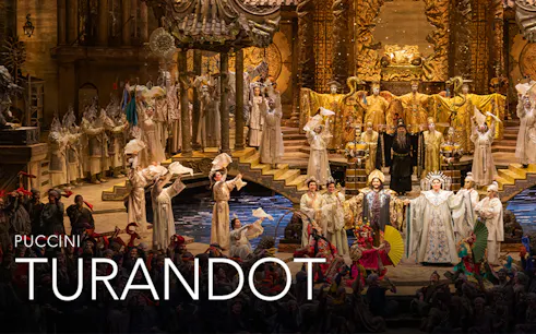 Opera performance of Puccini's Turandot with elaborate costumes and set design.