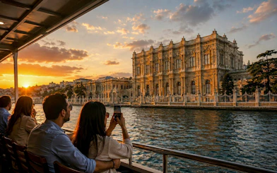 Dolmabahçe Palace viewed from a yacht during a Bosphorus sunset cruise in Istanbul.