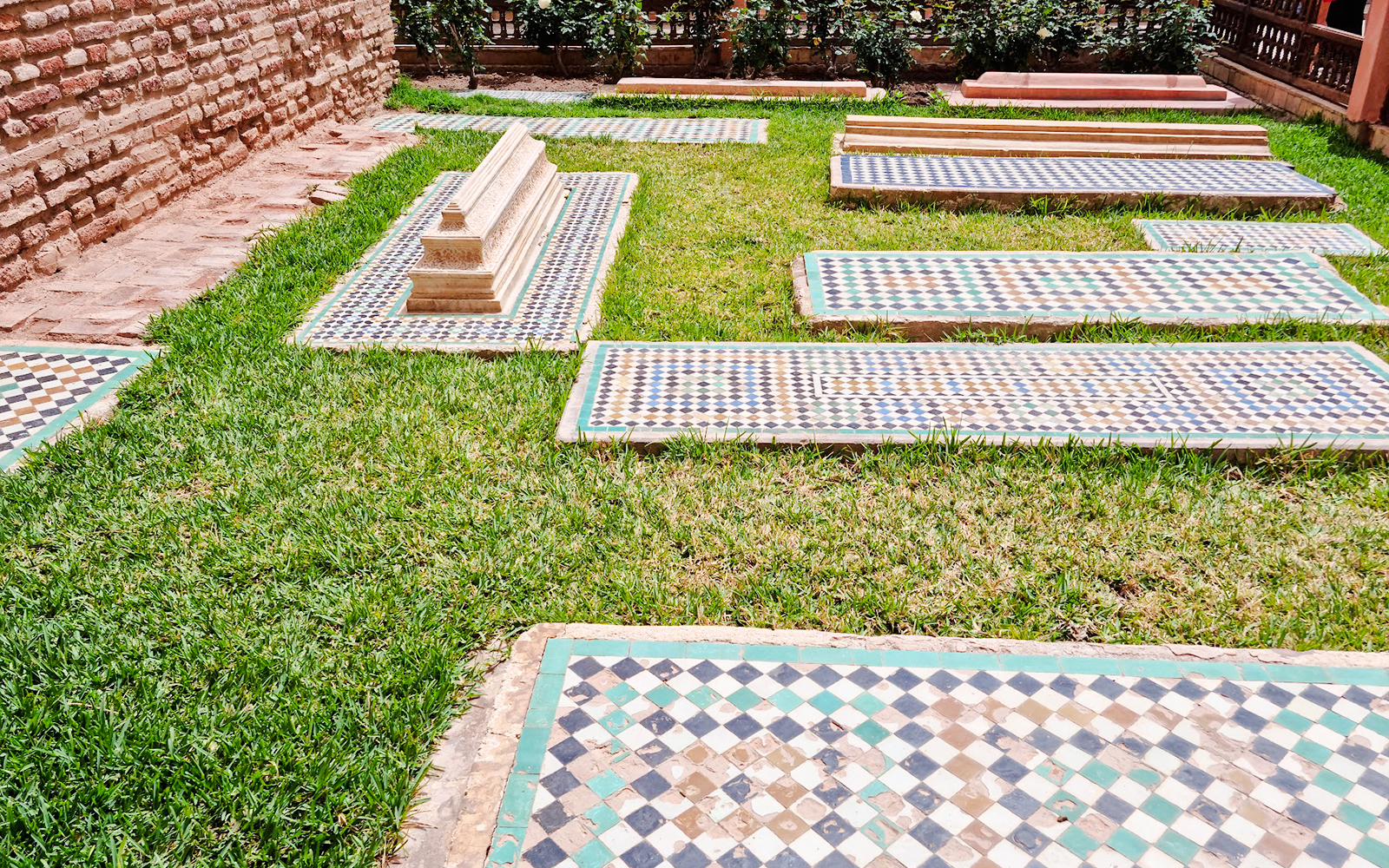 Tiled graves at Saadian Tombs in Marrakech, Morocco.