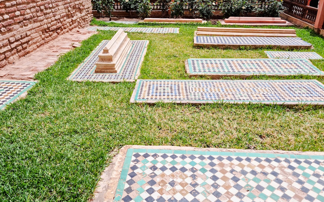 Tiled graves at Saadian Tombs in Marrakech, Morocco.