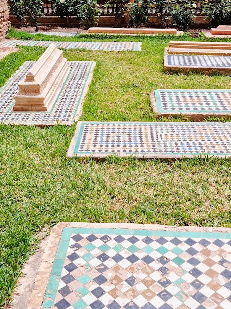 Tiled graves at Saadian Tombs in Marrakech, Morocco.
